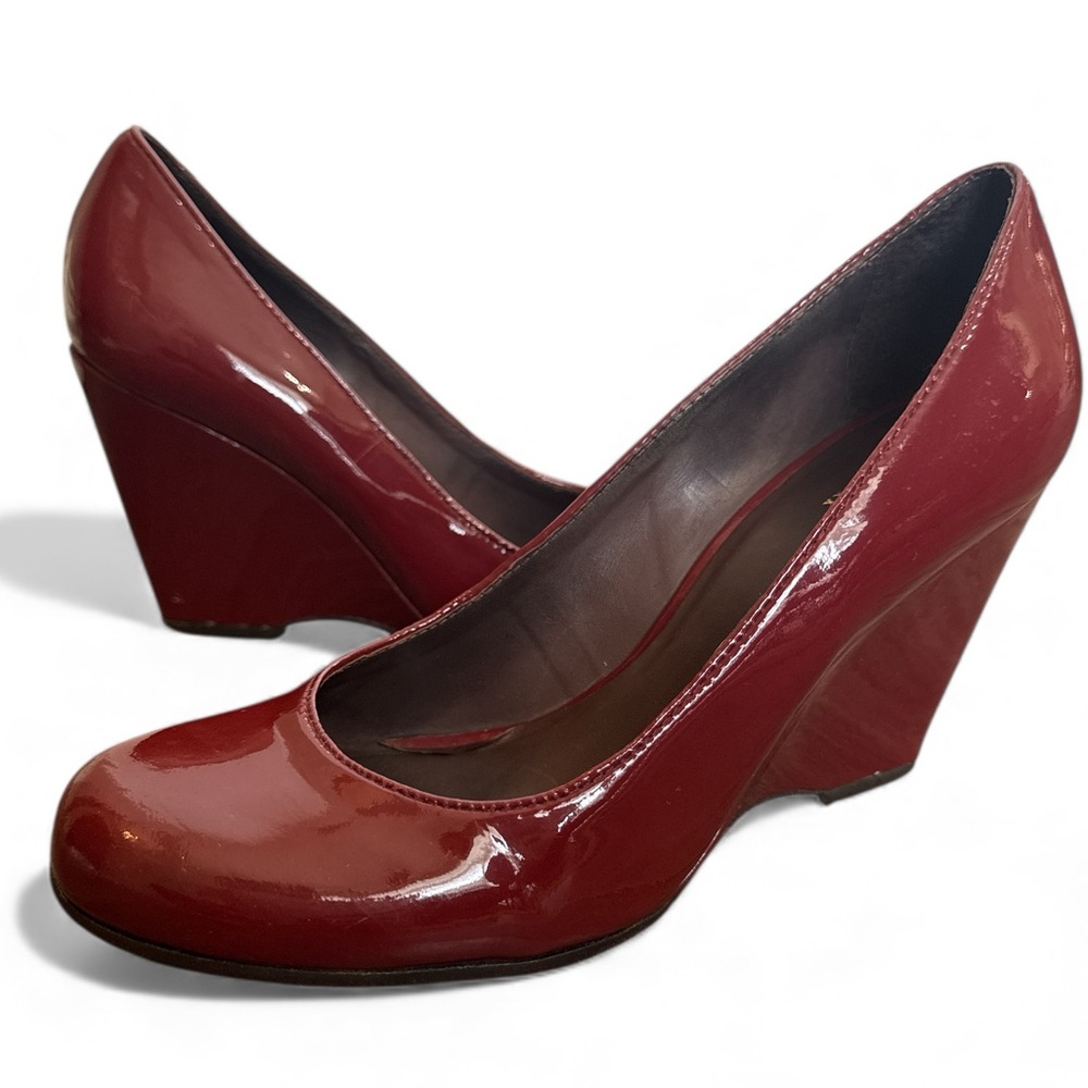 Kate Spade Burgundy Patent Round Toe Wedges 3.25” Heel Height Womens Size 6.5 M